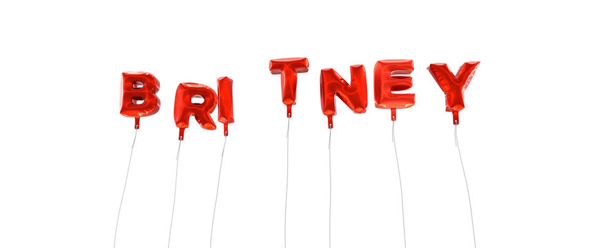 BRITNEY - word made from red foil balloons - 3D rendered.  Can be used for an online banner ad or a print postcard.