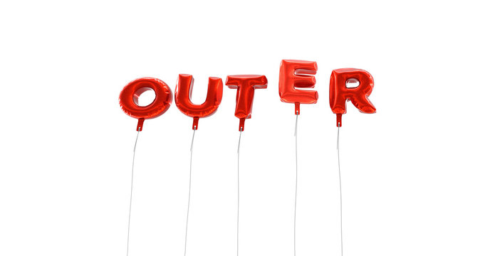 OUTER - word made from red foil balloons - 3D rendered.  Can be used for an online banner ad or a print postcard.