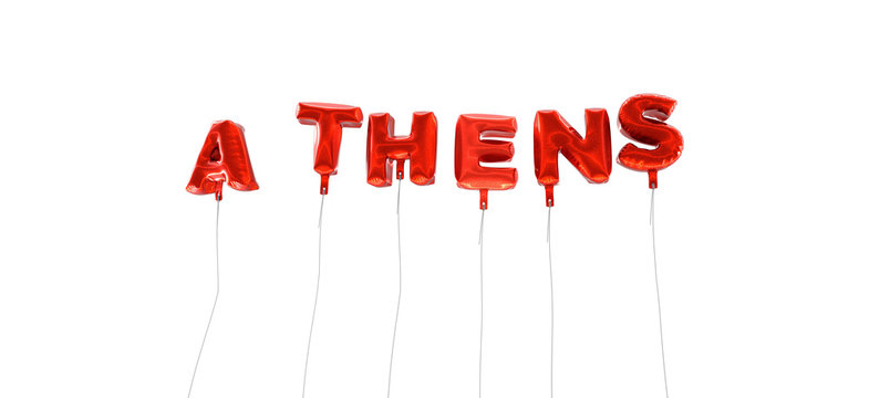 ATHENS - word made from red foil balloons - 3D rendered.  Can be used for an online banner ad or a print postcard.