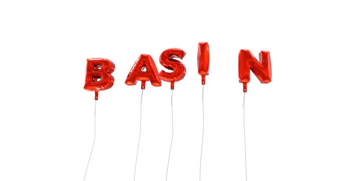 BASIN - word made from red foil balloons - 3D rendered.  Can be used for an online banner ad or a print postcard.