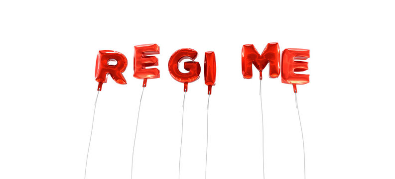 REGIME - word made from red foil balloons - 3D rendered.  Can be used for an online banner ad or a print postcard.
