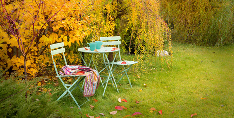 Colorful autumn garden nook with hot tea and blanket