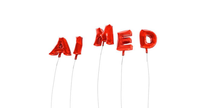 AIMED - word made from red foil balloons - 3D rendered.  Can be used for an online banner ad or a print postcard.