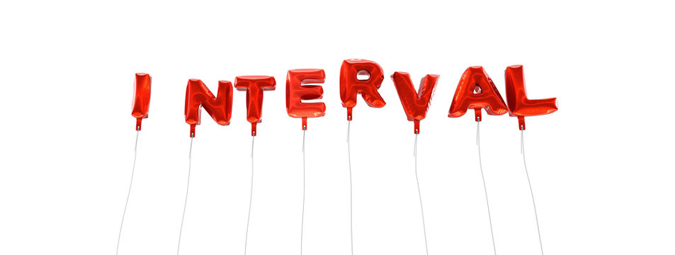 INTERVAL - word made from red foil balloons - 3D rendered.  Can be used for an online banner ad or a print postcard.