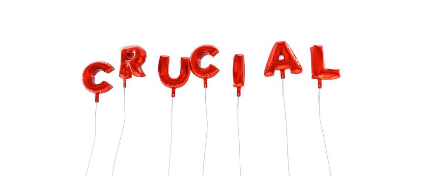 CRUCIAL - word made from red foil balloons - 3D rendered.  Can be used for an online banner ad or a print postcard.