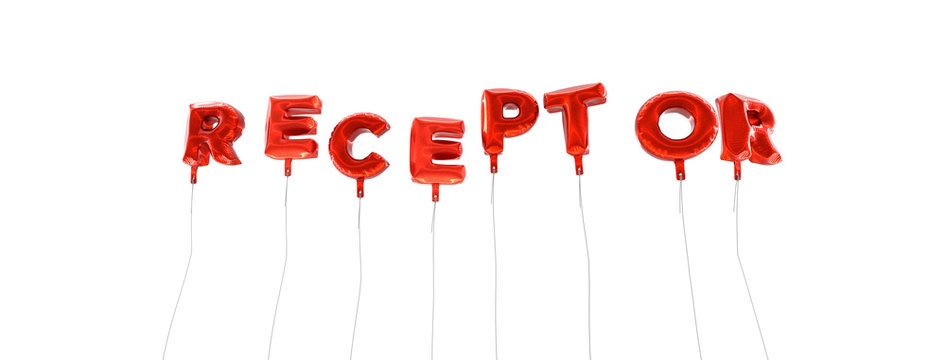 RECEPTOR - word made from red foil balloons - 3D rendered.  Can be used for an online banner ad or a print postcard.