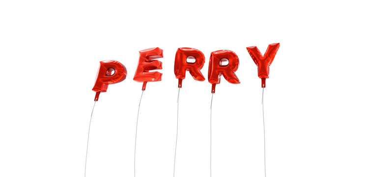 PERRY - word made from red foil balloons - 3D rendered.  Can be used for an online banner ad or a print postcard.