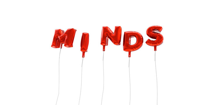 MINDS - word made from red foil balloons - 3D rendered.  Can be used for an online banner ad or a print postcard.