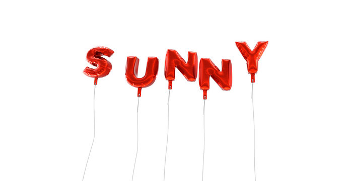 SUNNY - word made from red foil balloons - 3D rendered.  Can be used for an online banner ad or a print postcard.