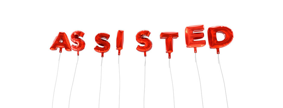 ASSISTED - word made from red foil balloons - 3D rendered.  Can be used for an online banner ad or a print postcard.