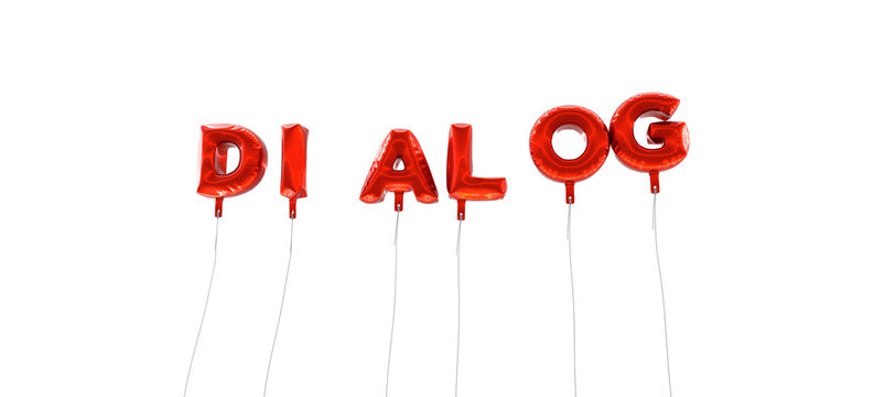 DIALOG - word made from red foil balloons - 3D rendered.  Can be used for an online banner ad or a print postcard.