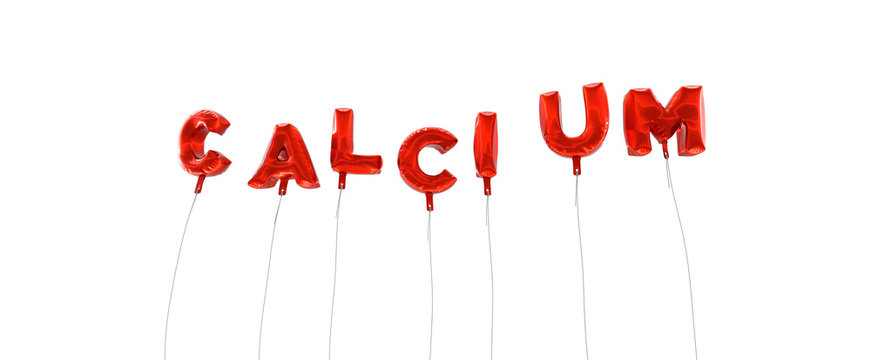 CALCIUM - word made from red foil balloons - 3D rendered.  Can be used for an online banner ad or a print postcard.