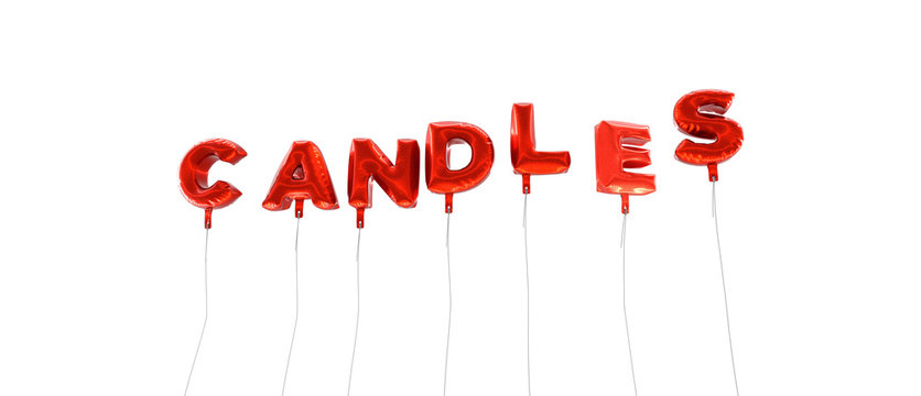 CANDLES - word made from red foil balloons - 3D rendered.  Can be used for an online banner ad or a print postcard.