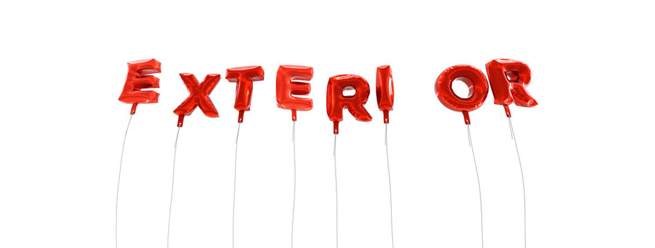 EXTERIOR - word made from red foil balloons - 3D rendered.  Can be used for an online banner ad or a print postcard.