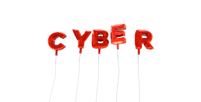 CYBER - word made from red foil balloons - 3D rendered.  Can be used for an online banner ad or a print postcard.