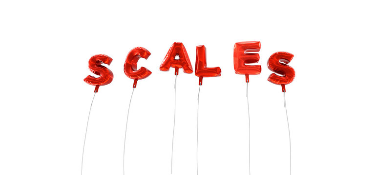 SCALES - word made from red foil balloons - 3D rendered.  Can be used for an online banner ad or a print postcard.
