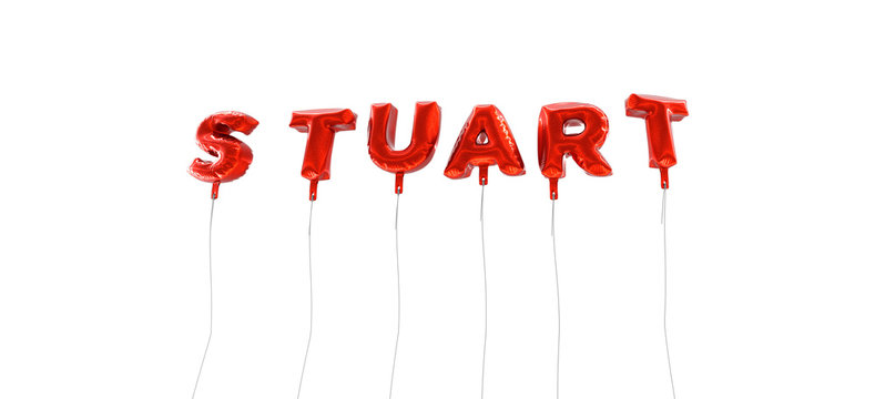 STUART - word made from red foil balloons - 3D rendered.  Can be used for an online banner ad or a print postcard.