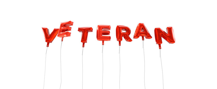 VETERAN - word made from red foil balloons - 3D rendered.  Can be used for an online banner ad or a print postcard.