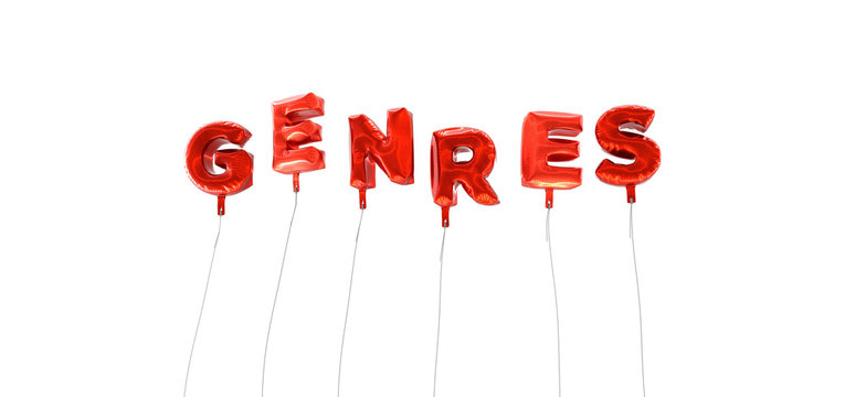 GENRES - word made from red foil balloons - 3D rendered.  Can be used for an online banner ad or a print postcard.