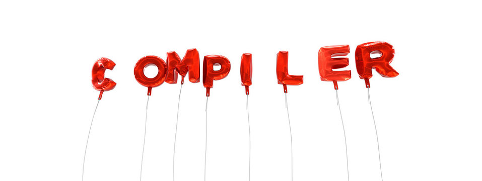 COMPILER - word made from red foil balloons - 3D rendered.  Can be used for an online banner ad or a print postcard.