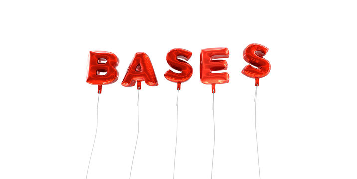 BASES - word made from red foil balloons - 3D rendered.  Can be used for an online banner ad or a print postcard.