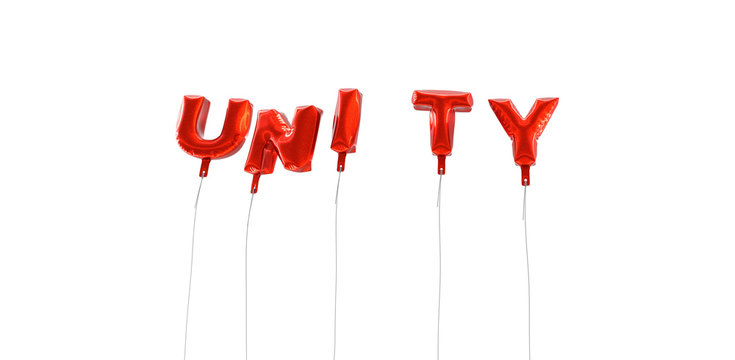 UNITY - word made from red foil balloons - 3D rendered.  Can be used for an online banner ad or a print postcard.