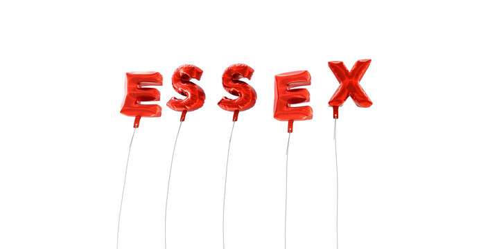 ESSEX - word made from red foil balloons - 3D rendered.  Can be used for an online banner ad or a print postcard.
