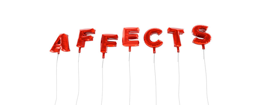 AFFECTS - word made from red foil balloons - 3D rendered.  Can be used for an online banner ad or a print postcard.