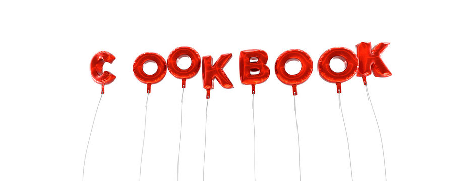 COOKBOOK - word made from red foil balloons - 3D rendered.  Can be used for an online banner ad or a print postcard.