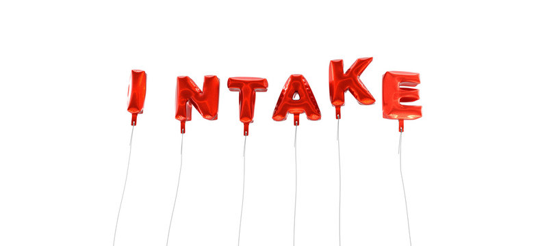 INTAKE - word made from red foil balloons - 3D rendered.  Can be used for an online banner ad or a print postcard.