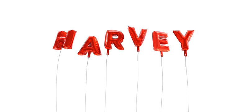 HARVEY - word made from red foil balloons - 3D rendered.  Can be used for an online banner ad or a print postcard.