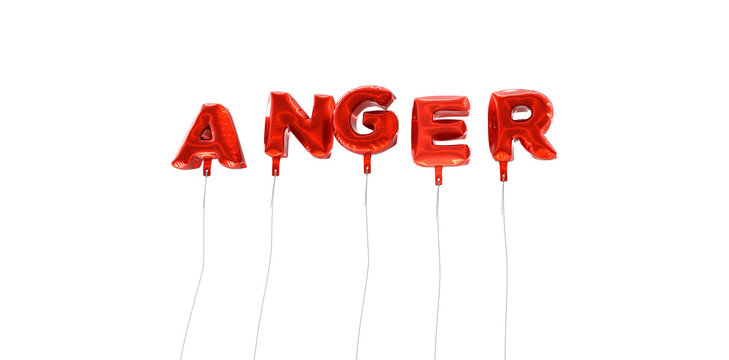 ANGER - word made from red foil balloons - 3D rendered.  Can be used for an online banner ad or a print postcard.