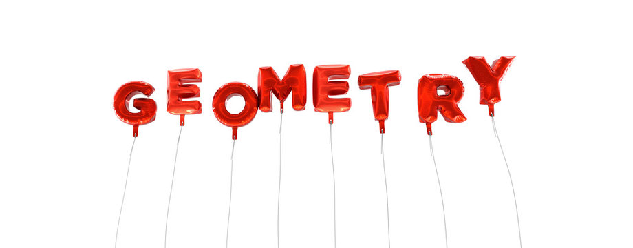 GEOMETRY - word made from red foil balloons - 3D rendered.  Can be used for an online banner ad or a print postcard.