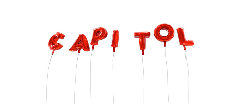 CAPITOL - word made from red foil balloons - 3D rendered.  Can be used for an online banner ad or a print postcard.