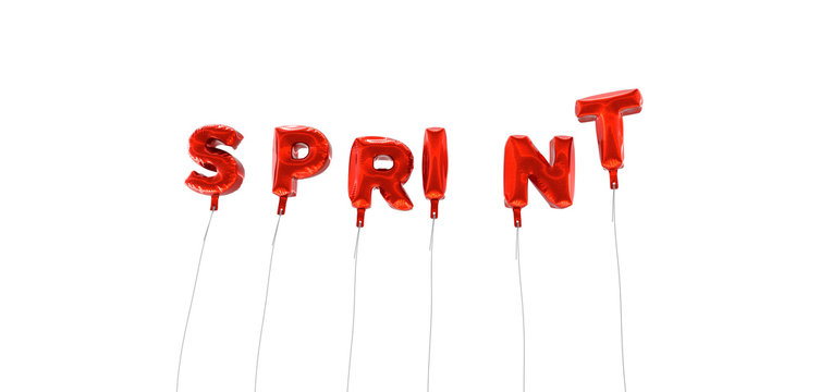SPRINT - word made from red foil balloons - 3D rendered.  Can be used for an online banner ad or a print postcard.