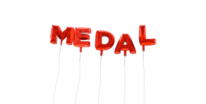 MEDAL - word made from red foil balloons - 3D rendered.  Can be used for an online banner ad or a print postcard.