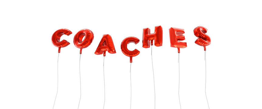COACHES - word made from red foil balloons - 3D rendered.  Can be used for an online banner ad or a print postcard.