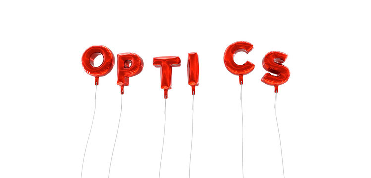 OPTICS - word made from red foil balloons - 3D rendered.  Can be used for an online banner ad or a print postcard.
