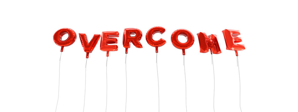 OVERCOME - word made from red foil balloons - 3D rendered.  Can be used for an online banner ad or a print postcard.