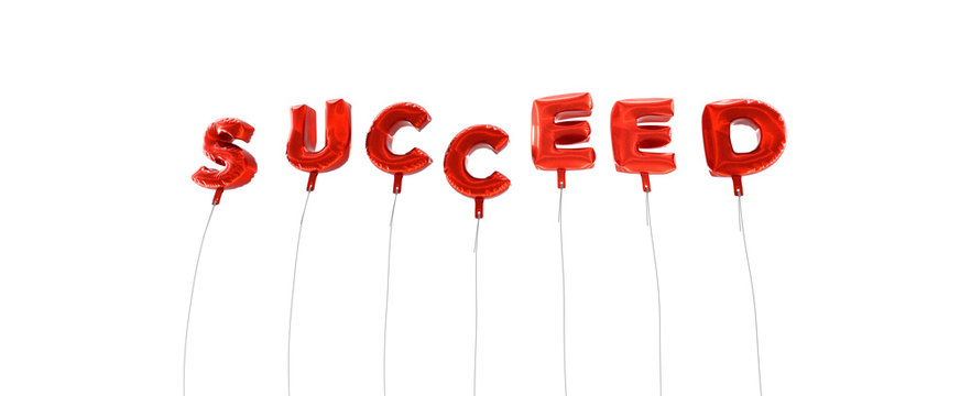 SUCCEED - word made from red foil balloons - 3D rendered.  Can be used for an online banner ad or a print postcard.