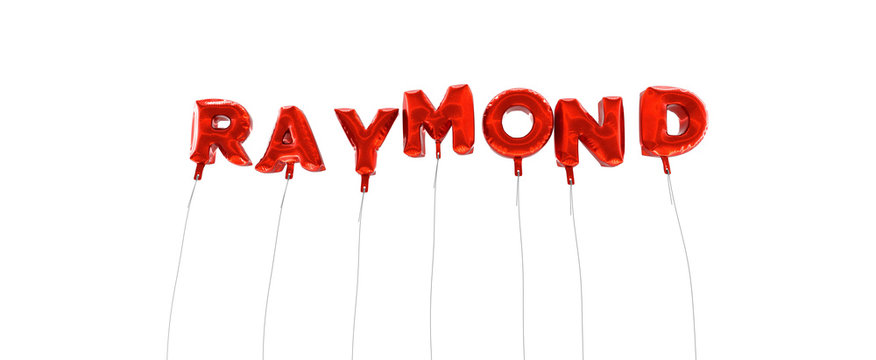 RAYMOND - word made from red foil balloons - 3D rendered.  Can be used for an online banner ad or a print postcard.