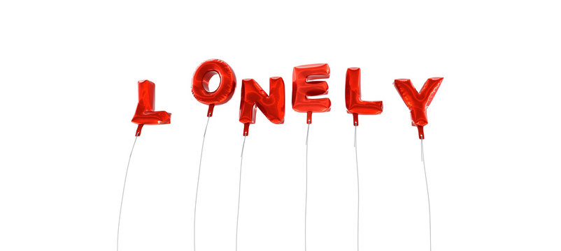 LONELY - word made from red foil balloons - 3D rendered.  Can be used for an online banner ad or a print postcard.