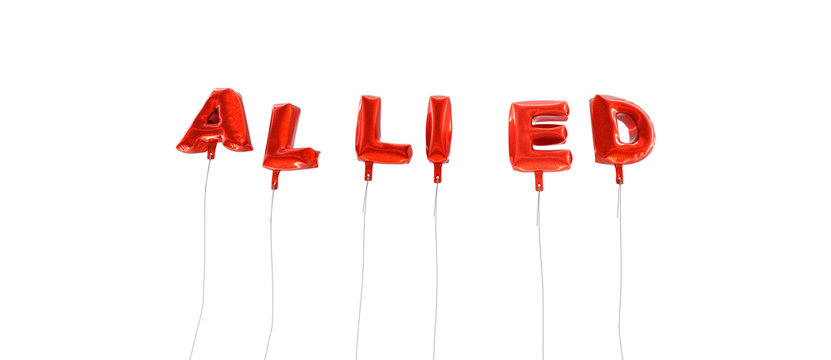 ALLIED - word made from red foil balloons - 3D rendered.  Can be used for an online banner ad or a print postcard.