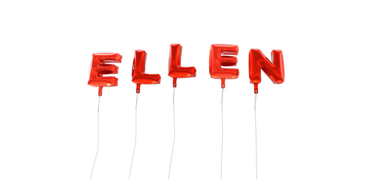 ELLEN - word made from red foil balloons - 3D rendered.  Can be used for an online banner ad or a print postcard.