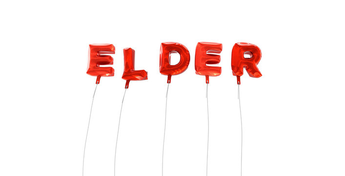 ELDER - word made from red foil balloons - 3D rendered.  Can be used for an online banner ad or a print postcard.