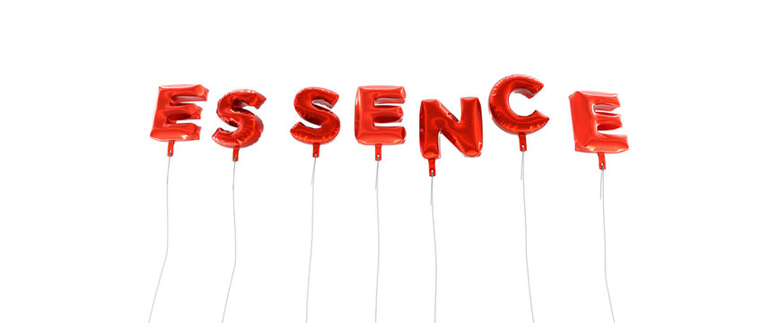 ESSENCE - word made from red foil balloons - 3D rendered.  Can be used for an online banner ad or a print postcard.