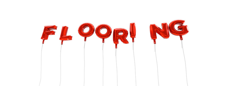 FLOORING - word made from red foil balloons - 3D rendered.  Can be used for an online banner ad or a print postcard.