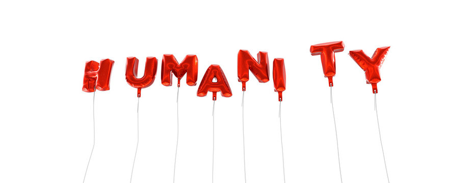 HUMANITY - word made from red foil balloons - 3D rendered.  Can be used for an online banner ad or a print postcard.