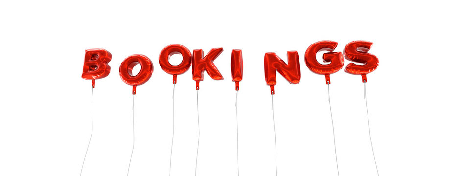 BOOKINGS - word made from red foil balloons - 3D rendered.  Can be used for an online banner ad or a print postcard.