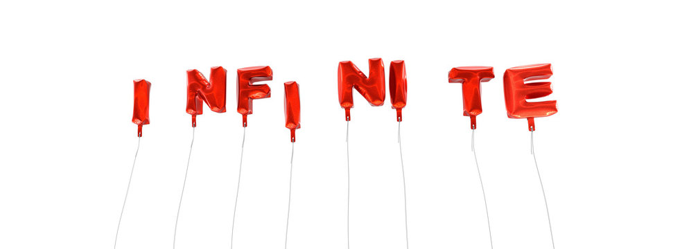 INFINITE - word made from red foil balloons - 3D rendered.  Can be used for an online banner ad or a print postcard.